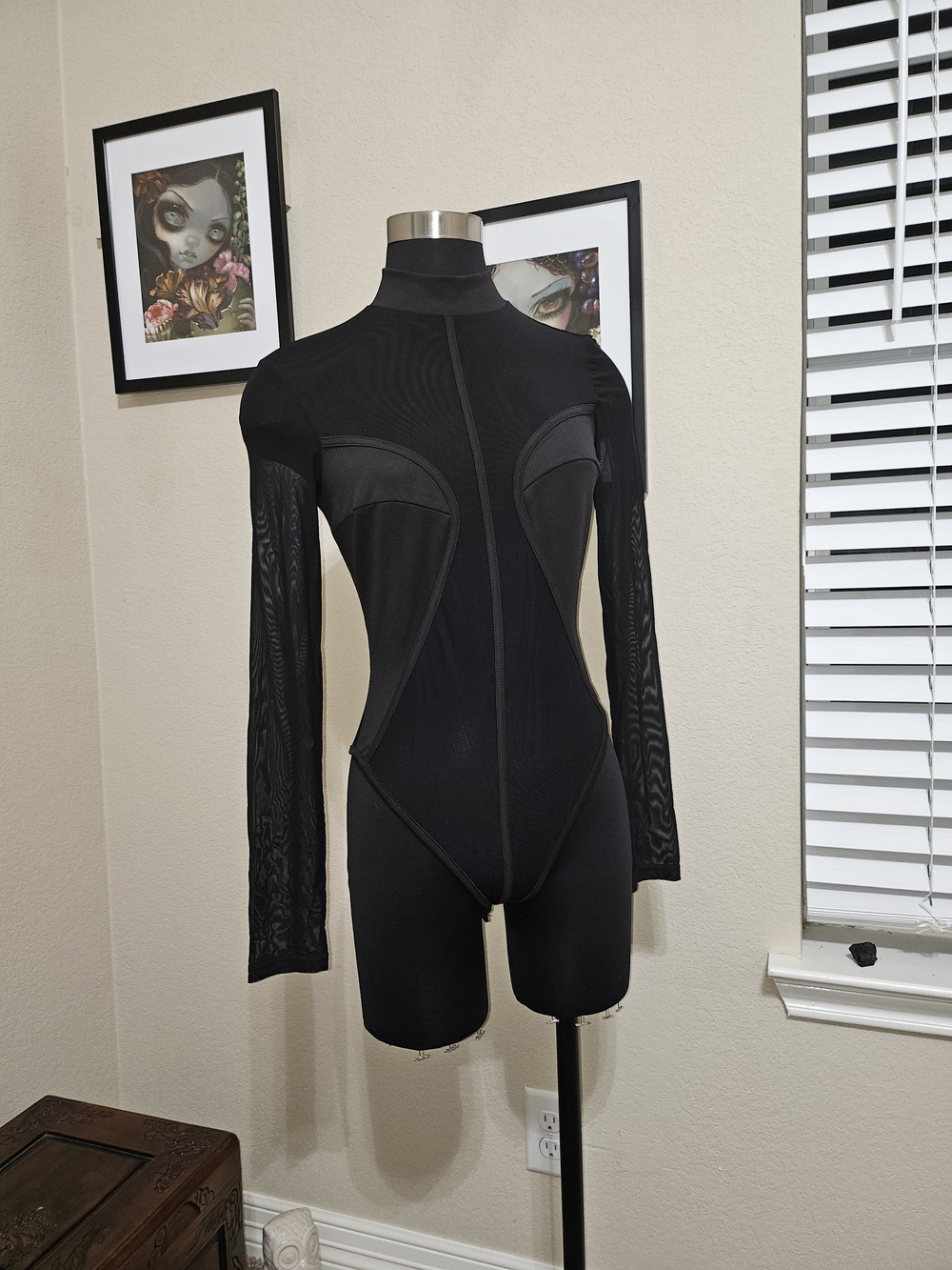 Black Long-Sleeve Mesh Panel Bodysuit - Women Tops